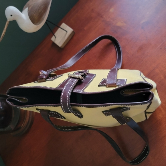 Vintage Dooney & Bourke Yellow Canvas Twill Shopper Tote Bag Brown Leather Purse - Picture 10 of 14